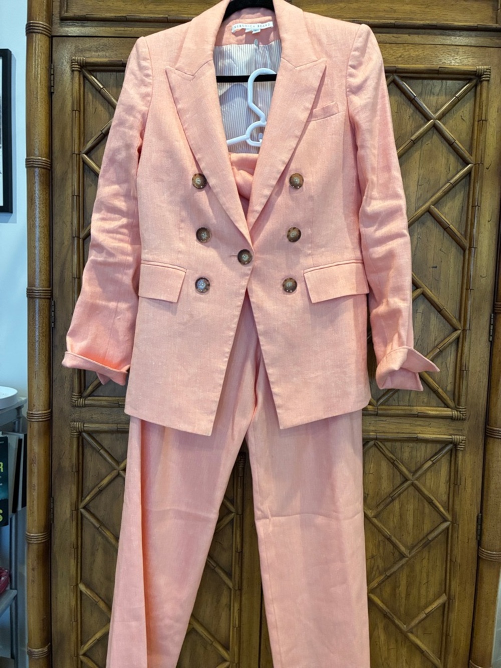 Veronica Beard Pink Double-Breasted Linen Blend Blazer and slacks  with Belt